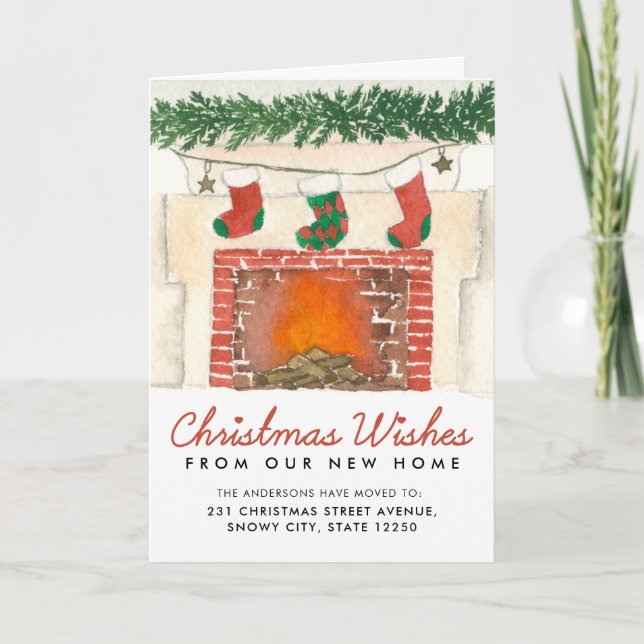 Modern Christmas Wishes Fireplace Holiday Moving Card (Front)