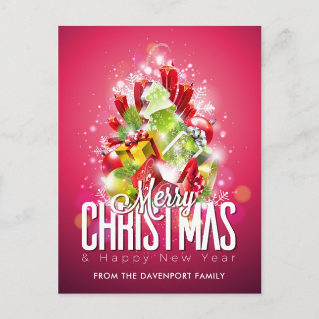 Modern Christmas Wrapped Presents & Tree - Festive Postcard (Front)