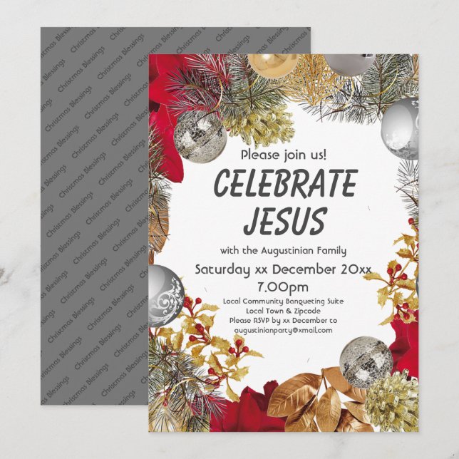 Modern Christmas Wreath CELEBRATE JESUS Party Invitation (Front/Back)