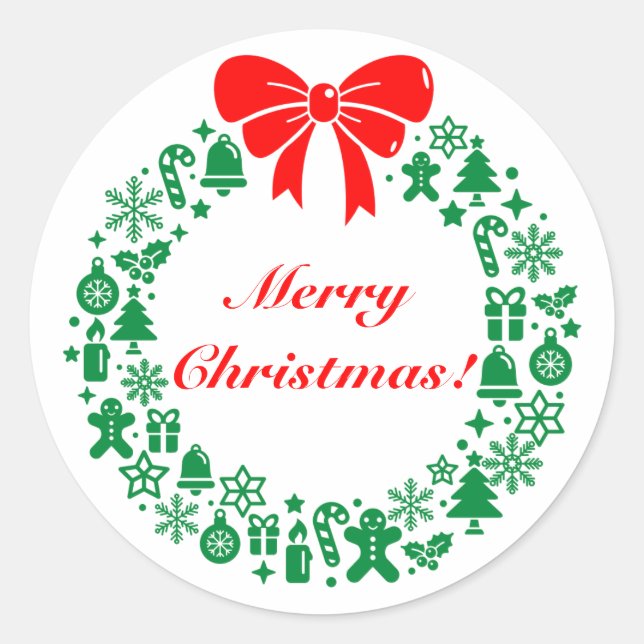 Modern Christmas Wreath composed of Xmas motifs, Classic Round Sticker (Front)