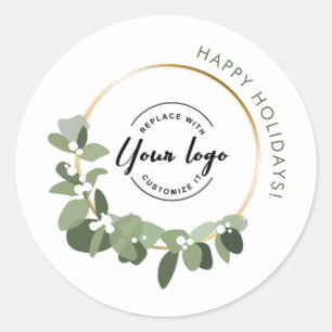 Modern Christmas Wreath Custom logo Happy Holidays Classic Round Sticker