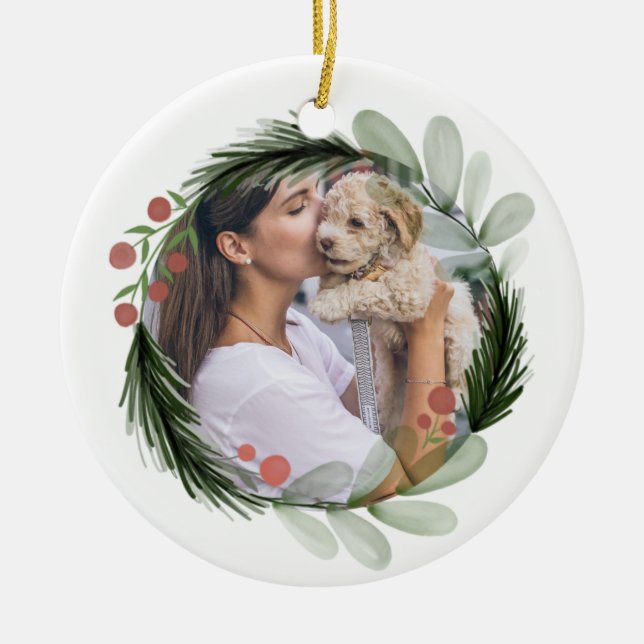 Modern Christmas Wreath Holiday Cute Photo  Ceramic Tree Decoration (Front)