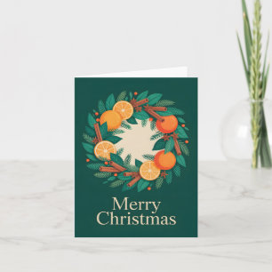 Modern Christmas Wreath Illustration with Oranges Holiday Card