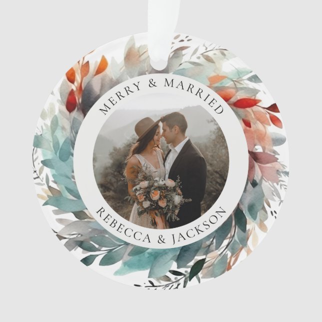 Modern Christmas Wreath | Married and Merry Photo Ornament (Front)