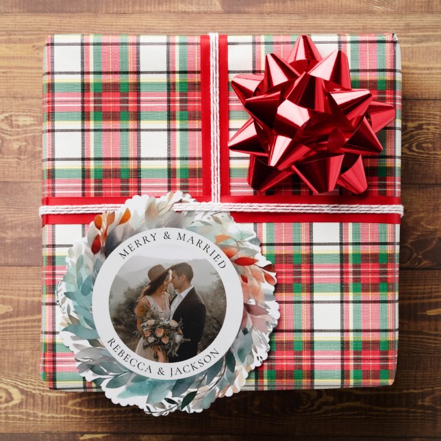 Modern Christmas Wreath | Married and Merry Photo  Tree Decoration Card (Insitu (Gift))