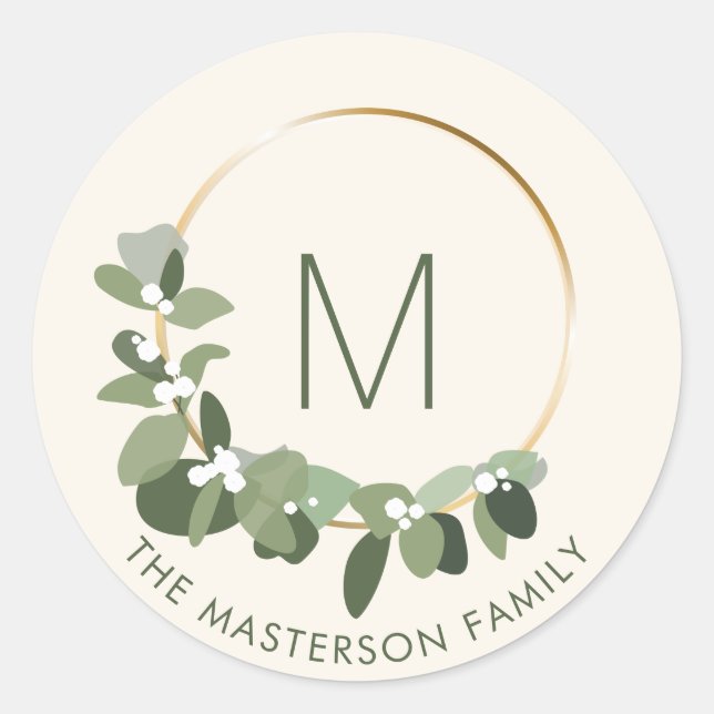 Modern Christmas Wreath | Monogram | family name Classic Round Sticker (Front)