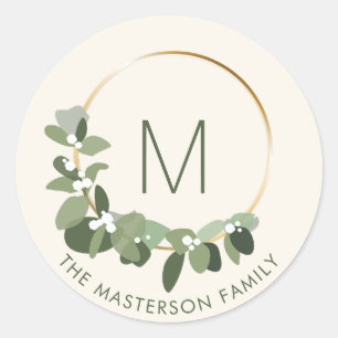 Modern Christmas Wreath   Monogram   family name Classic Round Sticker