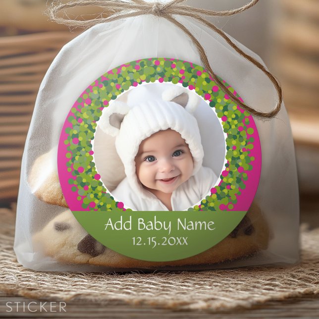 Modern Christmas Wreath Photo Frame PINK Classic Round Sticker (Custom Sticker)