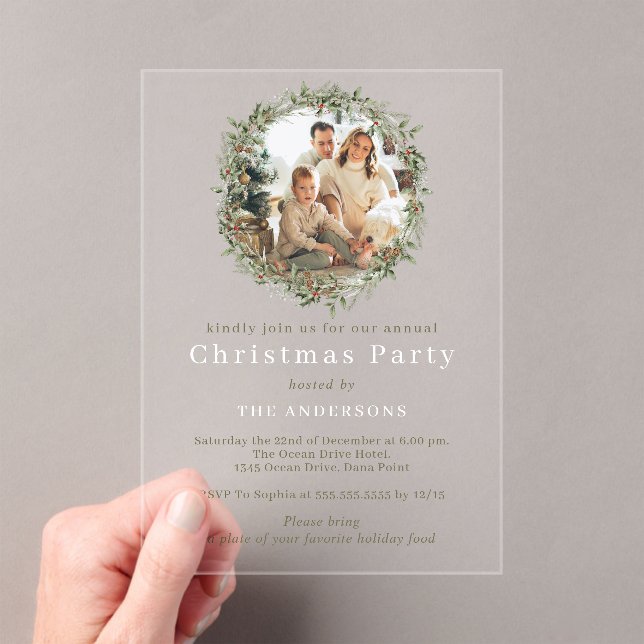 Modern Christmas wreath photo holiday party Acrylic Invitations (Insitu (Handheld))