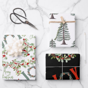 Modern christmas wreaths and joy  wrapping paper sheet