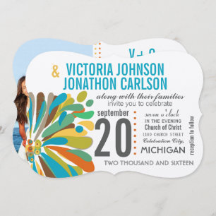 Modern Chrysanthemum Coral Yellow Lime Floral Invitation