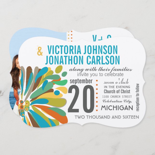 Modern Chrysanthemum Coral Yellow Lime Floral Invitation (Front/Back)