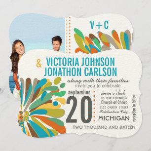 Modern Chrysanthemum Coral Yellow Lime Floral Invitation