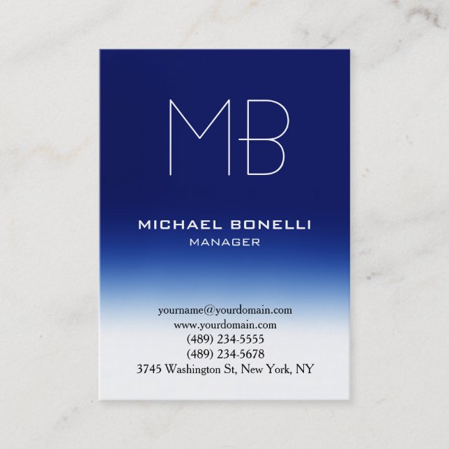 Modern chubby blue white monogram business card (Front)