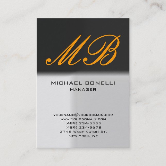 Modern chubby grey yellow monogram business card (Front)