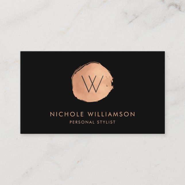 Modern Circle Deep Black Faux Foil | Rose Gold Business Card (Front)