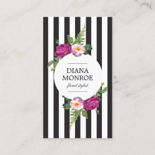 Modern Circle Floral Wreath Striped Business Card