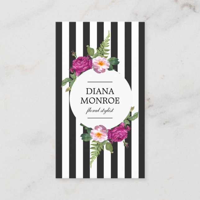 Modern Circle Floral Wreath Striped Business Card (Front)