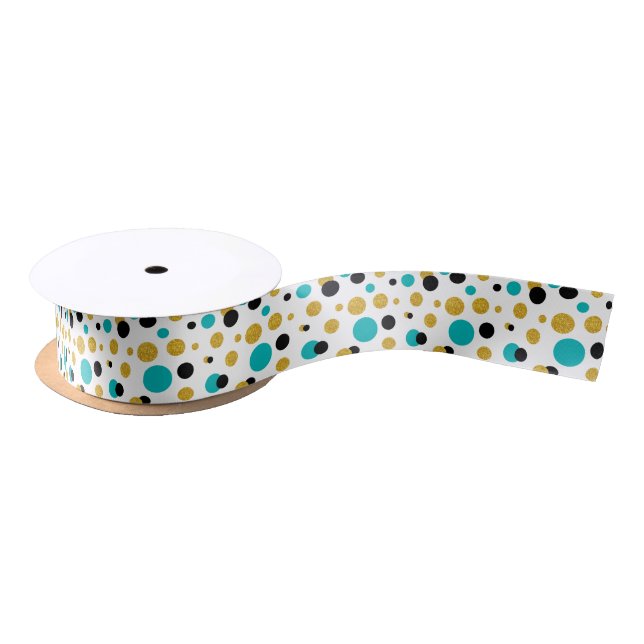 Modern Circles Pattern Black Blue & Gold Glitter Satin Ribbon (Spool)