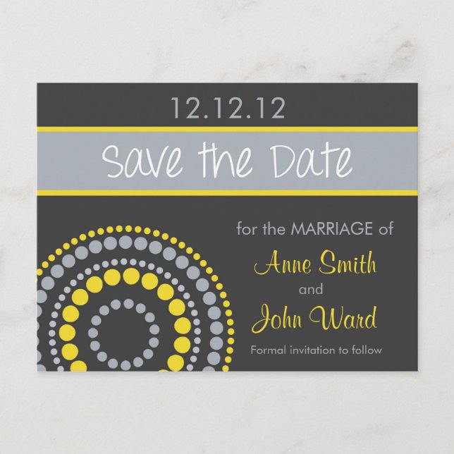 Modern Circles Save the Date - Yellow & Grey Announcement Postcard (Front)