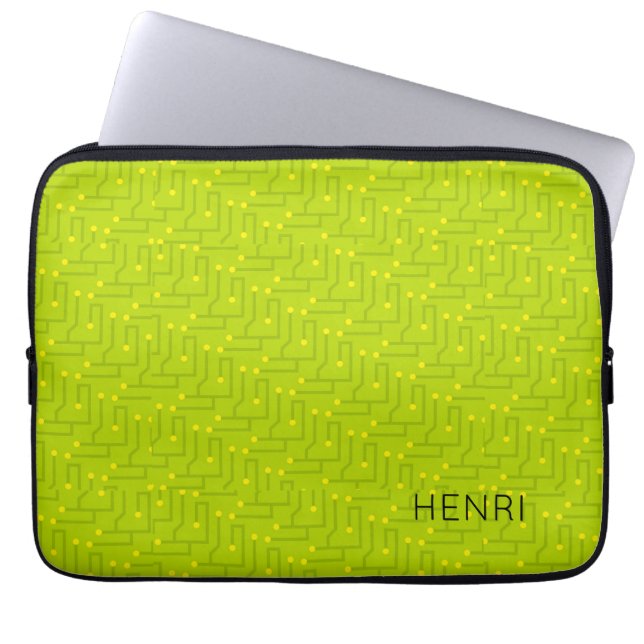 Modern Circuit Board green yellow NAME Kids Fun Laptop Sleeve (Front)