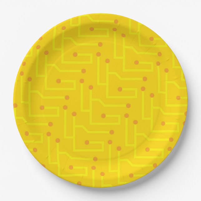 Modern Circuit Board yellow orange computer party Paper Plate (Front)