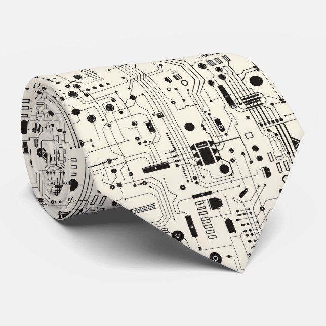 Modern Circuit Pattern Black and Beige Tie (Rolled)