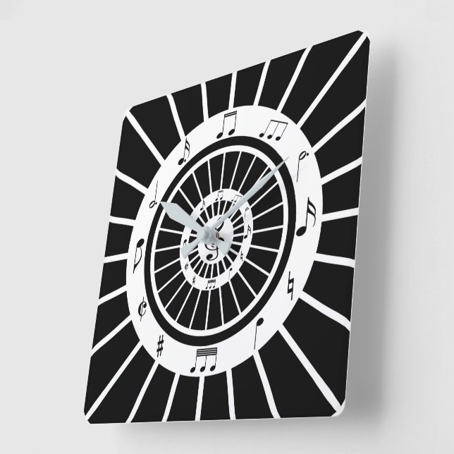 Modern circular black white musical notes design square wall clock (Angle)