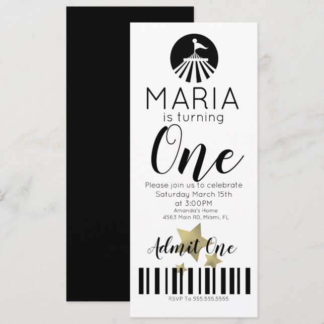 Modern Circus First Birthday Ticket Party Invitation (Front/Back)