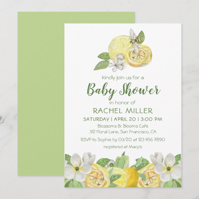 Modern Citrus Floral Lemon Watercolor Baby Shower Invitation (Front/Back)