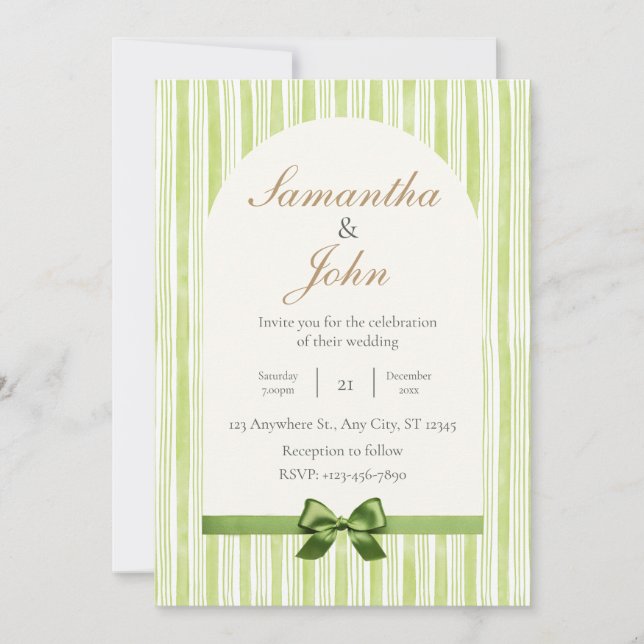Modern Citrus Green Stripe Back Photo Wedding Invitation (Front)
