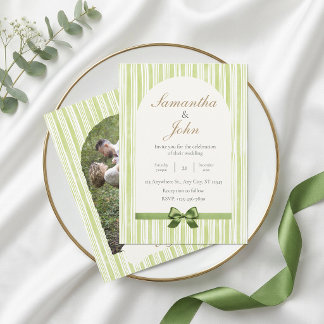Modern Citrus Green Stripe Back Photo Wedding Invitation