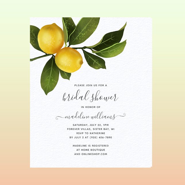 Modern Citrus Lemon Bridal Shower Invitation Paper (Creator Uploaded)