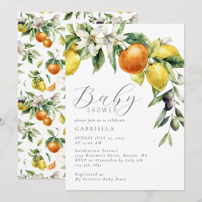 Modern Citrus Lemon Orange Baby Shower Invitation (Front/Back)