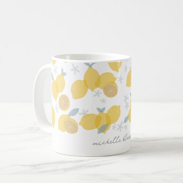 Modern Citrus Lemons Pattern Custom Name Coffee Mug (Front Left)