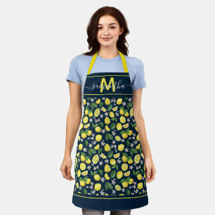 Modern Citrus Lemons Pattern Script Monogram Apron