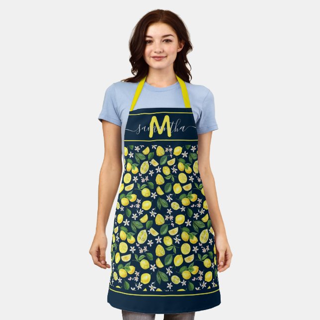 Modern Citrus Lemons Pattern Script Monogram Apron (Worn)