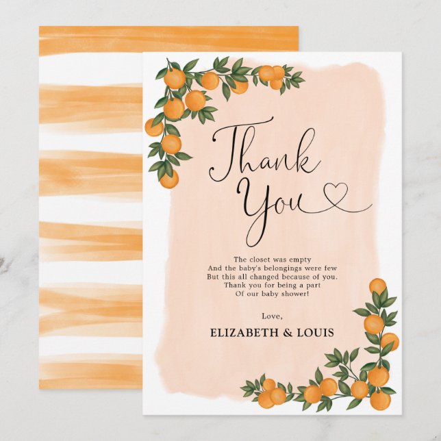 Modern Citrus Orange Botanical Baby Shower Favours Thank You Card (Front/Back)