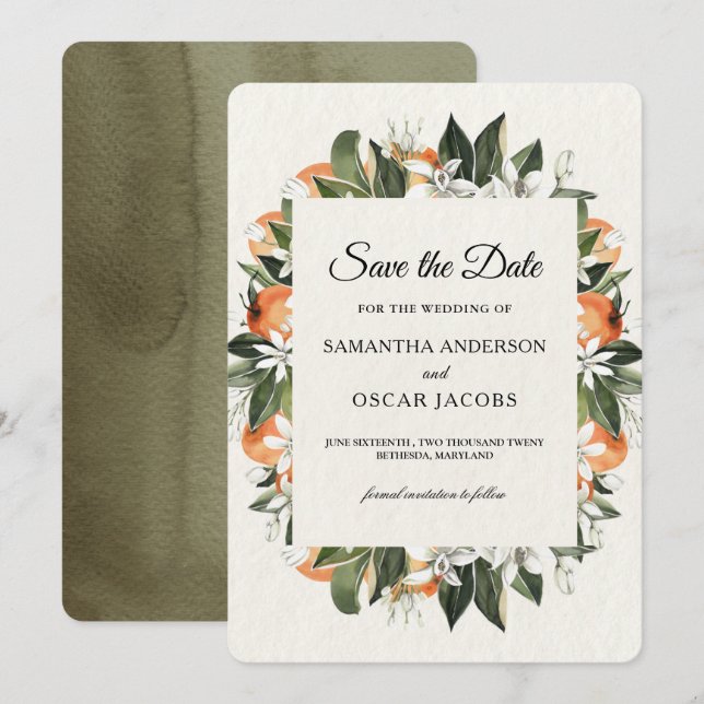 Modern Citrus Orange Floral | Rustic Save The Date (Front/Back)