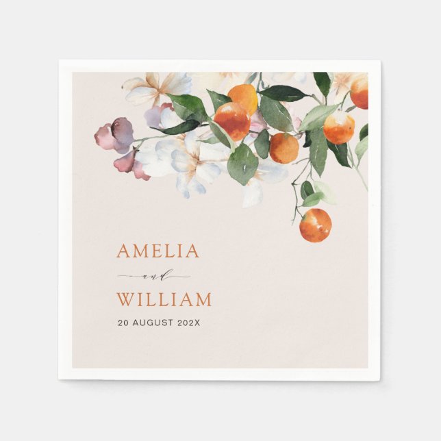 modern citrus oranges and greenery wedding napkin (Front)