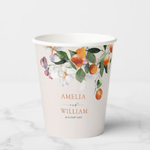 modern citrus oranges and greenery wedding paper cups