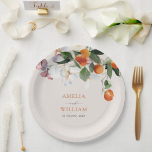 modern citrus oranges and greenery wedding paper plate