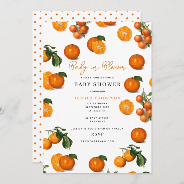 Modern Citrus Oranges Baby in Bloom Baby Shower Invitation (Front/Back)