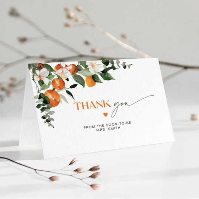 Modern citrus theme orange bridal shower thank you card (Creator Uploaded)