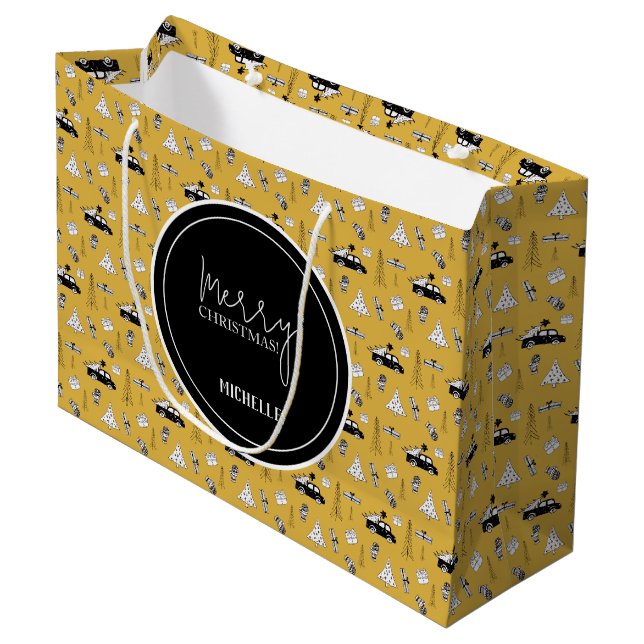 Modern City Christmas Pattern Yellow Large Gift Bag (Front Angled)
