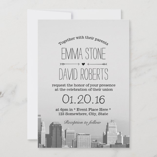Modern City Skyline Destination Wedding Invitation (Front)