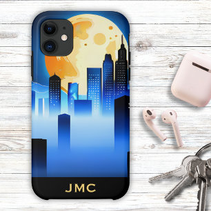Modern City Skyline with Full Moon Monogram iPhone 11 Case
