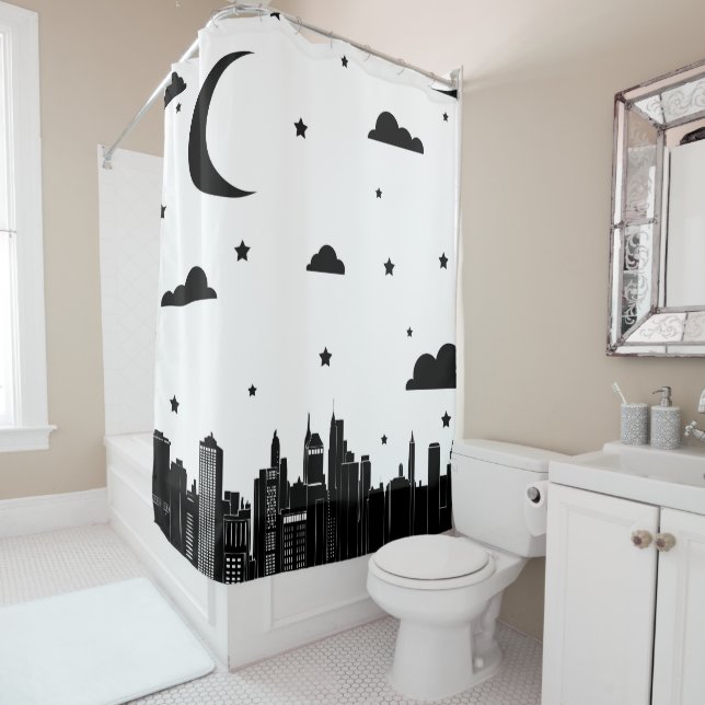 Modern Cityscape Skyline & Starry Sky Shower Curtain (In Situ)