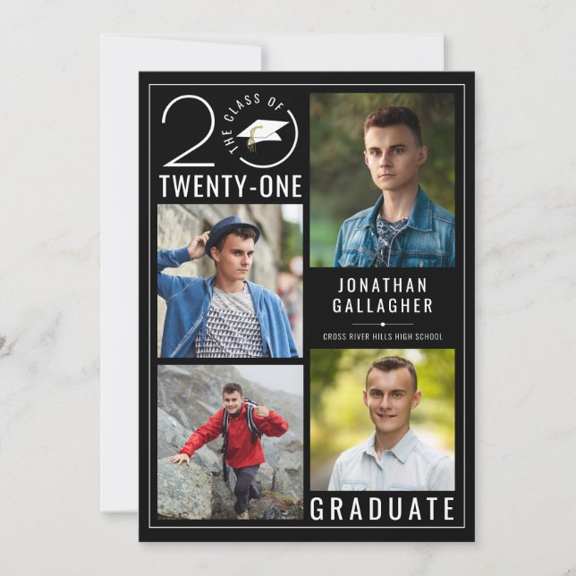 Modern CLASS OF 2021 Photo Collage Black Graduate Announcement (Front)
