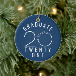 Modern CLASS OF 2021 Typography Circle Blue Ceramic Tree Decoration